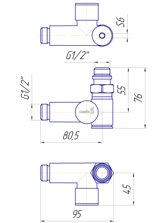 Кран кутовий під ТЕН, G1/2″ комплект